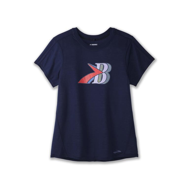 Brooks Distance Graphic Short Sleeve Running Shirt - Women's - Navy/B (15937-QDOF)